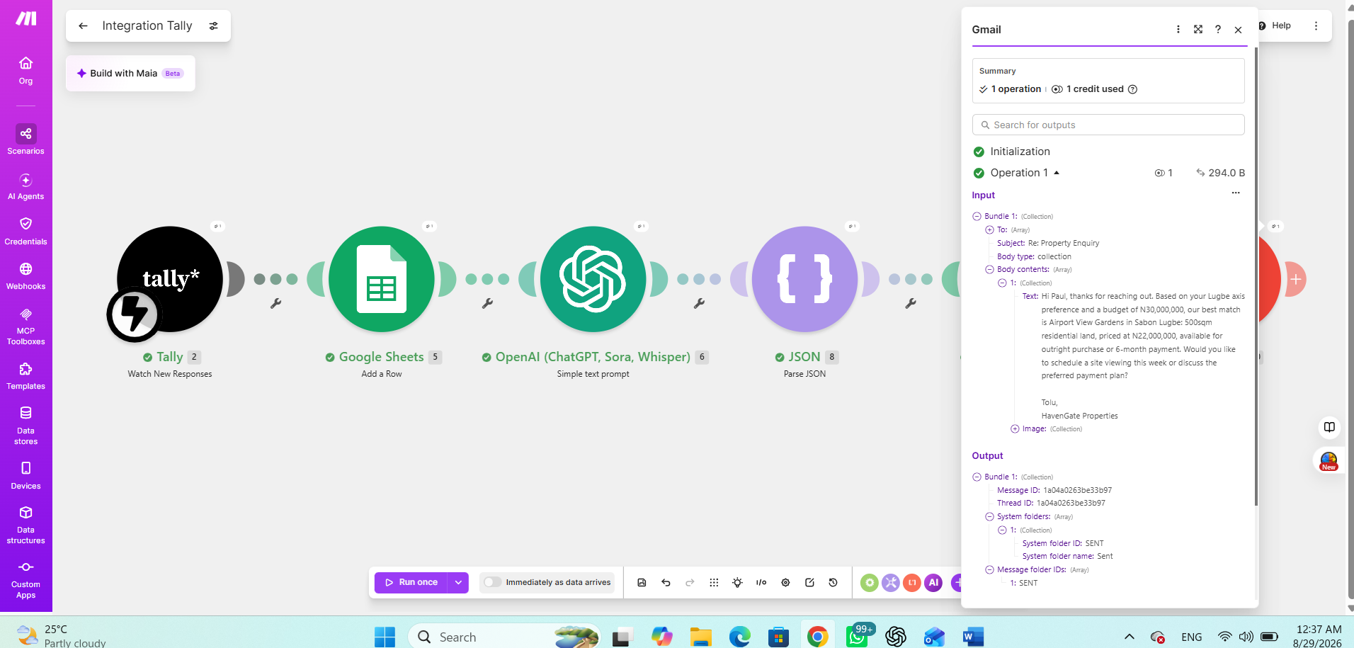 The AI Sales Assistant workflow built during SellSmart Lab LIVE BUILD #01 in Make.com